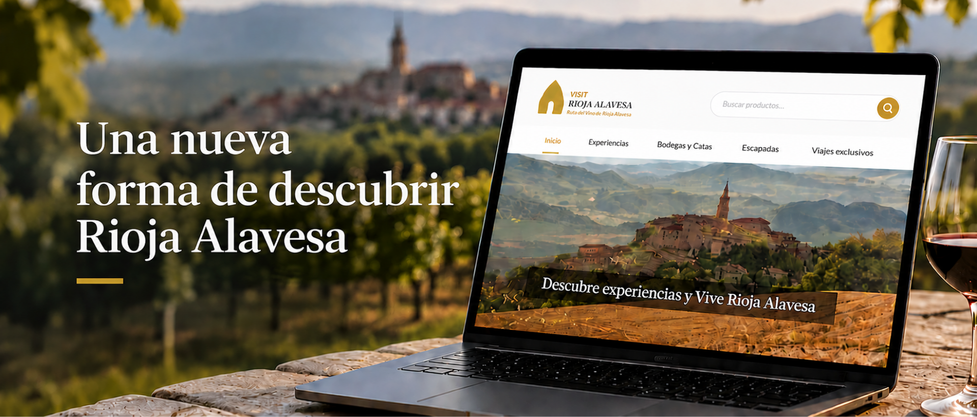 Portátil mostrando la nueva página web de Visit Rioja Alavesa con el texto Una nueva forma de descubrir Rioja Alavesa